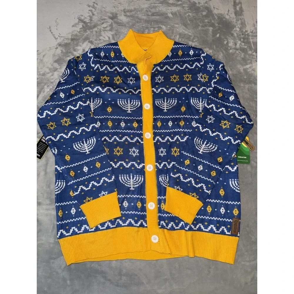 New Tipsy Elves Men's Christmas Sz XXL Blue Menorah Print Cardigan‎ Sweater